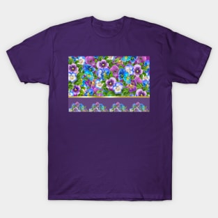 Beautiful Pansy Flowers Violet Viola Tricolor Floral Pattern. Watercolor Hand Drawn Decoration. Spring colorful pansies in bloom garden flowers. T-Shirt